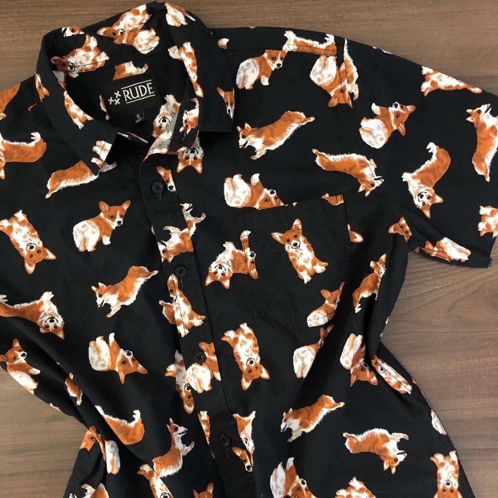 RUDE Black Button-Down Shirt with Brown & White Corgi Print